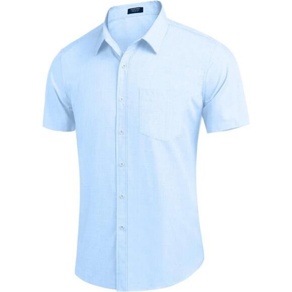 Men's Casual Button Down Shirts Short Sleeve Linen Shirts Summer Beach - Picture 3 of 6